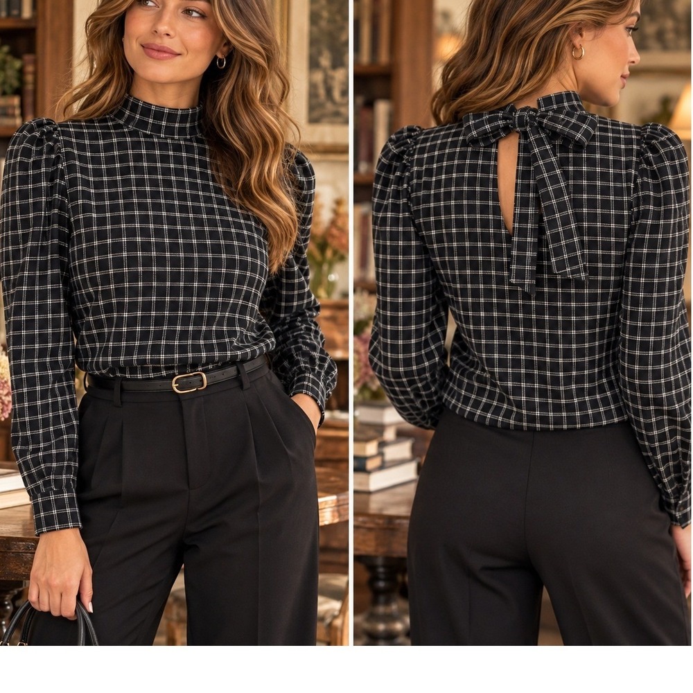 Time and Tru L Black Plaid Corduroy Puff Sleeve Bow Back Blouse Cottagecore